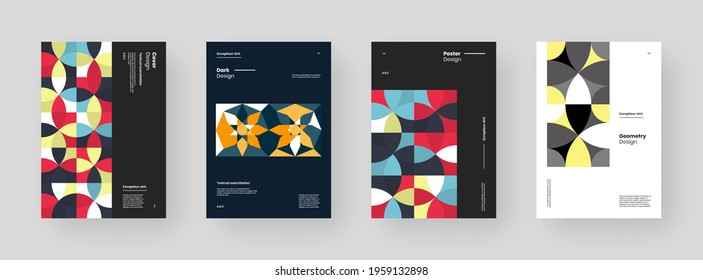 Abstract set Placards, Posters, Flyers, Banner Designs. Colorful geometric illustration on vertical A4 format. Flat shapes ornament. Decorative backdrop. Eps10