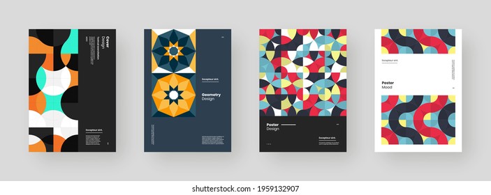 Abstract set Placards, Posters, Flyers, Banner Designs. Colorful geometric illustration on vertical A4 format. Flat shapes ornament. Decorative backdrop. Eps10
