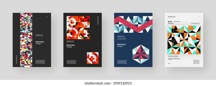 Abstract set Placards, Posters, Flyers, Banner Designs. Colorful geometric illustration on vertical A4 format. Flat shapes ornament. Decorative backdrop. Eps10