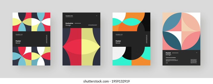 Abstract set Placards, Posters, Flyers, Banner Designs. Colorful geometric illustration on vertical A4 format. Flat shapes ornament. Decorative backdrop. Eps10