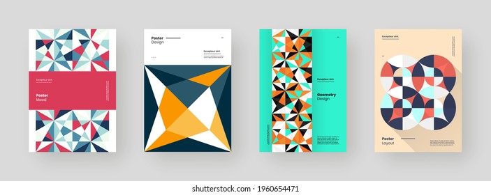 Abstract set Placards, Posters, Flyers, Banner Designs. Colorful geometric illustration on vertical A4 format. Flat shapes ornament. Decorative backdrop. Eps10