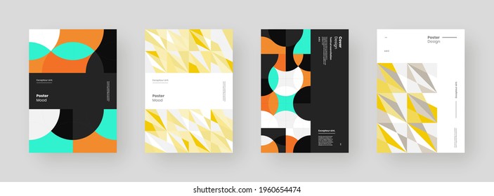 Abstract set Placards, Posters, Flyers, Banner Designs. Colorful geometric illustration on vertical A4 format. Flat shapes ornament. Decorative backdrop. Eps10