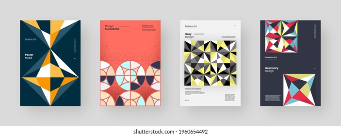 Abstract set Placards, Posters, Flyers, Banner Designs. Colorful geometric illustration on vertical A4 format. Flat shapes ornament. Decorative backdrop. Eps10