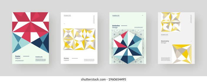 Abstract set Placards, Posters, Flyers, Banner Designs. Colorful geometric illustration on vertical A4 format. Flat shapes ornament. Decorative backdrop. Eps10