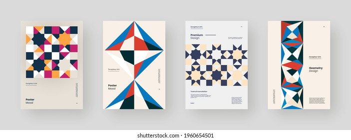 Abstract set Placards, Posters, Flyers, Banner Designs. Colorful geometric illustration on vertical A4 format. Flat shapes ornament. Decorative backdrop. Eps10