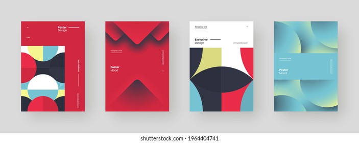 Abstract set Placards, Posters, Flyers, Banner Designs. Colorful geometric illustration on vertical A4 format. Flat and neumorphism shapes. Decorative backdrop. Eps10