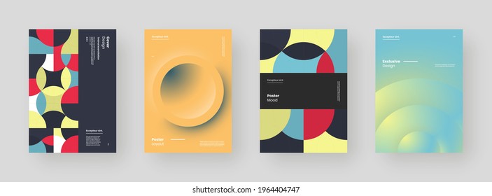 Abstract set Placards, Posters, Flyers, Banner Designs. Colorful geometric illustration on vertical A4 format. Flat and neumorphism shapes. Decorative backdrop. Eps10