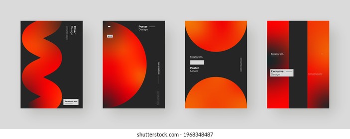 Abstract set Placards, Posters, Flyers, Banner Designs. Colorful gradient on vertical A4 format. Glass effect. Decorative neumorphism backdrop. Gradient glassmorphism shapes on black background