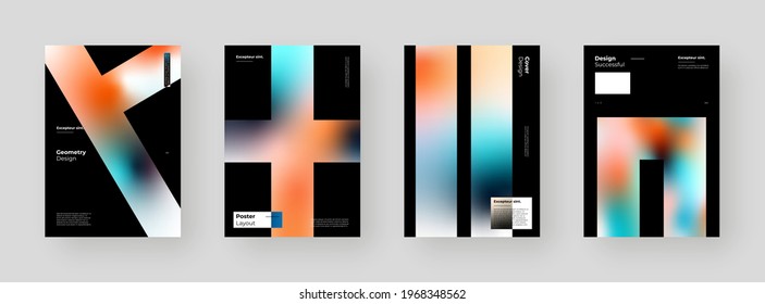 Abstract set Placards, Posters, Flyers, Banner Designs. Colorful gradient on vertical A4 format. Glass effect. Decorative neumorphism backdrop. Gradient glassmorphism shapes on black background