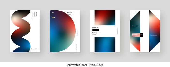 Abstract set Placards, Posters, Flyers, Banner Designs. Colorful gradient on vertical A4 format. Glass effect. Decorative neumorphism backdrop. Gradient glassmorphism shapes on white background