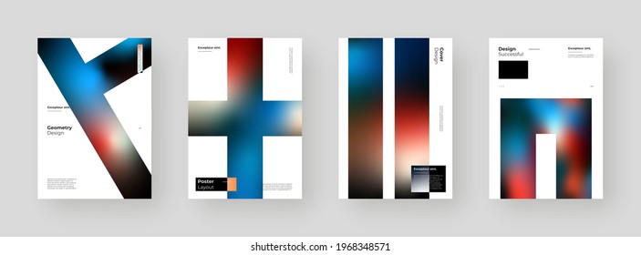 Abstract set Placards, Posters, Flyers, Banner Designs. Colorful gradient on vertical A4 format. Glass effect. Decorative neumorphism backdrop. Gradient glassmorphism shapes on white background