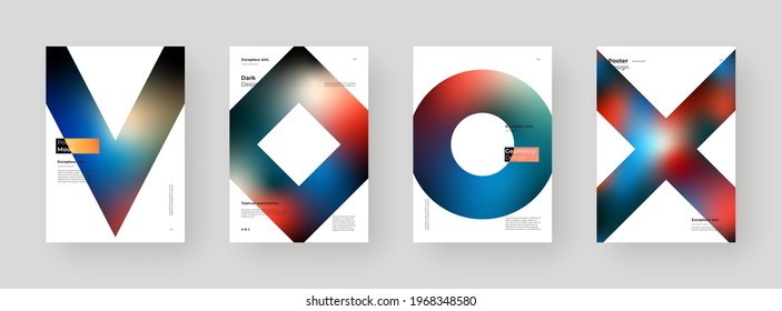 Abstract set Placards, Posters, Flyers, Banner Designs. Colorful gradient on vertical A4 format. Glass effect. Decorative neumorphism backdrop. Gradient glassmorphism shapes on white background