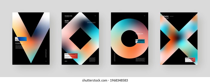 Abstract set Placards, Posters, Flyers, Banner Designs. Colorful gradient on vertical A4 format. Glass effect. Decorative neumorphism backdrop. Gradient glassmorphism shapes on black background