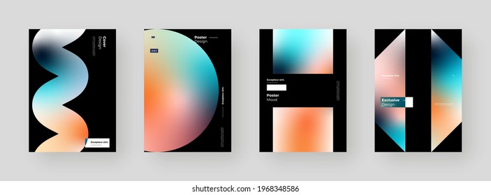 Abstract set Placards, Posters, Flyers, Banner Designs. Colorful gradient on vertical A4 format. Glass effect. Decorative neumorphism backdrop. Gradient glassmorphism shapes on black background