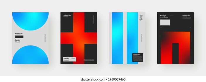 Abstract set Placards, Posters, Flyers, Banner Designs. Colorful gradient on vertical A4 format. Glass effect. Decorative neumorphism backdrop. Gradient glassmorphism shapes background