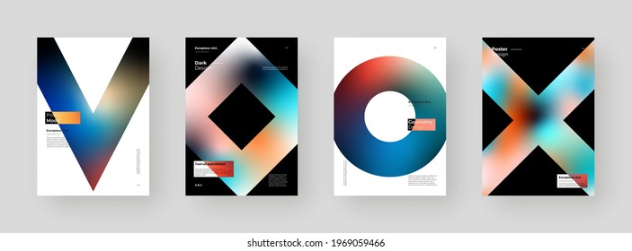 Abstract set Placards, Posters, Flyers, Banner Designs. Colorful gradient on vertical A4 format. Glass effect. Decorative neumorphism backdrop. Gradient glassmorphism shapes background