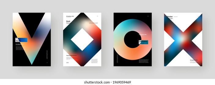 Abstract set Placards, Posters, Flyers, Banner Designs. Colorful gradient on vertical A4 format. Glass effect. Decorative neumorphism backdrop. Gradient glassmorphism shapes background