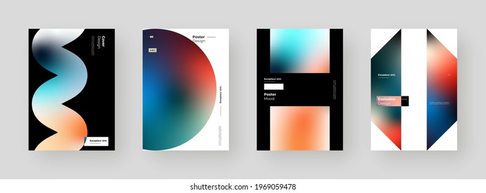 Abstract set Placards, Posters, Flyers, Banner Designs. Colorful gradient on vertical A4 format. Glass effect. Decorative neumorphism backdrop. Gradient glassmorphism shapes background