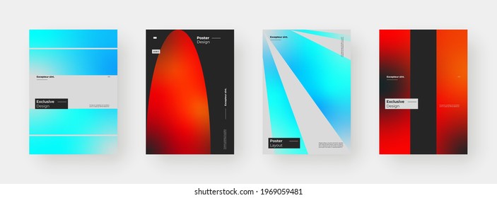 Abstract set Placards, Posters, Flyers, Banner Designs. Colorful gradient on vertical A4 format. Glass effect. Decorative neumorphism backdrop. Gradient glassmorphism shapes background