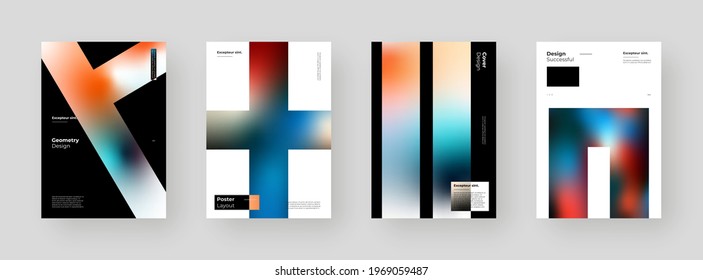 Abstract set Placards, Posters, Flyers, Banner Designs. Colorful gradient on vertical A4 format. Glass effect. Decorative neumorphism backdrop. Gradient glassmorphism shapes background