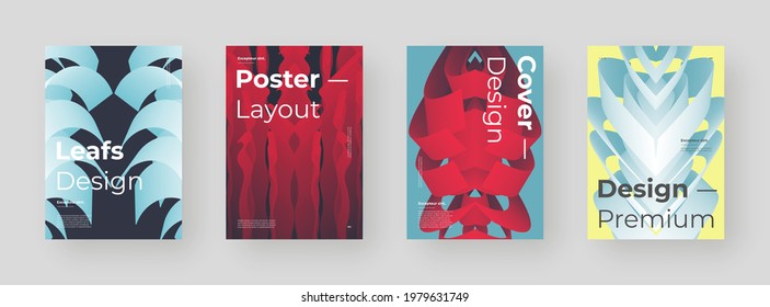 Abstract set Placards, Posters, Flyers, Banner Designs. Colorful gradient on vertical A4 format.  Volumetric shapes. Fluid color paths. Dynamic, symmetry composition with trendy flow 3d shapes.