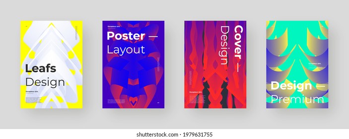 Abstract set Placards, Posters, Flyers, Banner Designs. Colorful gradient on vertical A4 format.  Volumetric shapes. Fluid color paths. Dynamic, symmetry composition with trendy flow 3d shapes.