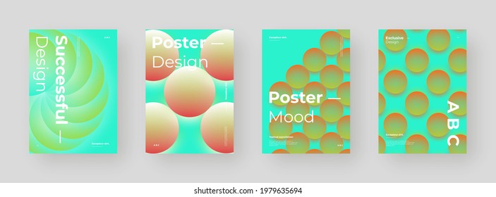 Conjunto abstracto de carteles, afiches, volantes, diseños de pancartas. Ilustración colorida sobre el formato vertical A4. Formas geométricas. Fondo de la esfera decorativa. círculos de degradado.