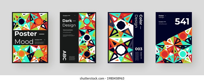 Abstract set Placards, Posters, Flyers, Banner Designs. Colorful illustration on vertical A4 format. Flat geometric shapes. Decorative ornament, mosaic backdrop.