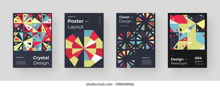 Abstrakte Plakate, Plakate, Flyer, Bannerdesigns. Farbige Illustration im vertikalen A4-Format. Flache geometrische Formen. Dekorative Ornamente, Mosaikhintergrund.