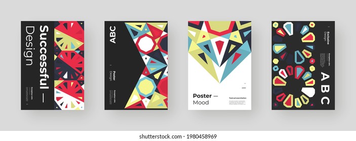 Abstract set Placards, Posters, Flyers, Banner Designs. Colorful illustration on vertical A4 format. Flat geometric shapes. Decorative ornament, mosaic backdrop.