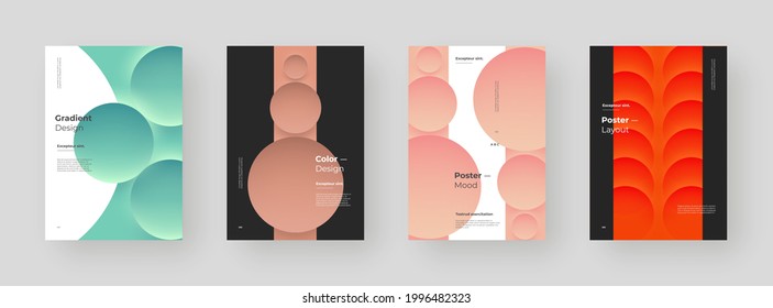 Abstract set Placards, Posters, Flyers, Banner Designs. Colorful illustration on vertical A4 format. 3d geometric shapes. Decorative neumorphism backdrop.