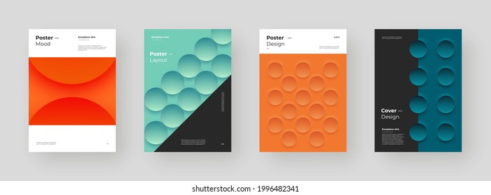 Abstract set Placards, Posters, Flyers, Banner Designs. Colorful illustration on vertical A4 format. 3d geometric shapes. Decorative neumorphism backdrop.