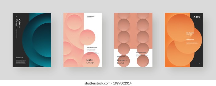 Abstract set Placards, Posters, Flyers, Banner Designs. Colorful illustration on vertical A4 format. 3d geometric shapes. Decorative neumorphism backdrop.