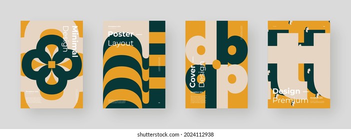 Conjunto abstracto de carteles, afiches, volantes, diseños de pancartas. Ilustración colorida sobre el formato vertical A4. Composición de formas geométricas originales. Marco decorativo mínimo.