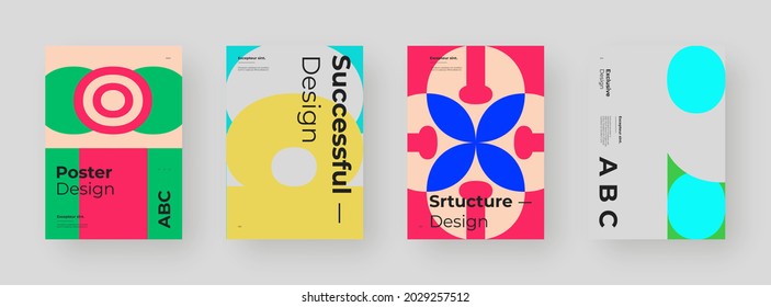 Abstract set Placards, Posters, Flyers, Banner Designs. Colorful illustration on vertical A4 format. Original geometric shapes composition. Decorative minimal backdrop.	
