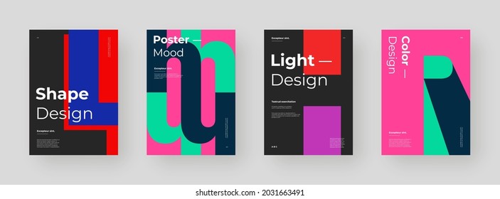 Abstract set Placards, Posters, Flyers, Banner Designs. Colorful illustration on vertical A4 format. Original geometric shapes composition. Decorative minimal backdrop.	
