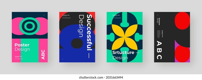 Abstract set Placards, Posters, Flyers, Banner Designs. Colorful illustration on vertical A4 format. Original geometric shapes composition. Decorative minimal backdrop.	
