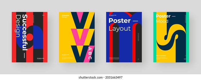 Abstract set Placards, Posters, Flyers, Banner Designs. Colorful illustration on vertical A4 format. Original geometric shapes composition. Decorative minimal backdrop.	
