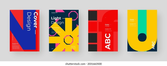 Abstract set Placards, Posters, Flyers, Banner Designs. Colorful illustration on vertical A4 format. Original geometric shapes composition. Decorative minimal backdrop.	
