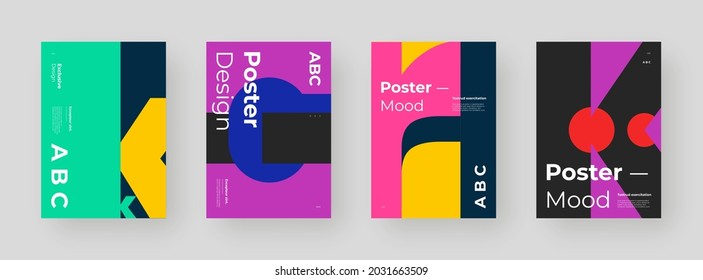 Abstract set Placards, Posters, Flyers, Banner Designs. Colorful illustration on vertical A4 format. Original geometric shapes composition. Decorative minimal backdrop.	
