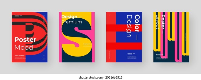 Abstract set Placards, Posters, Flyers, Banner Designs. Colorful illustration on vertical A4 format. Original geometric shapes composition. Decorative minimal backdrop.	
