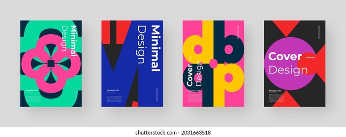 Abstract set Placards, Posters, Flyers, Banner Designs. Colorful illustration on vertical A4 format. Original geometric shapes composition. Decorative minimal backdrop.	
