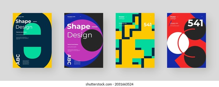 Abstract set Placards, Posters, Flyers, Banner Designs. Colorful illustration on vertical A4 format. Original geometric shapes composition. Decorative minimal backdrop.	
