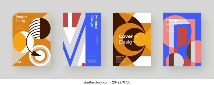 Abstract set Placards, Posters, Flyers, Banner Designs. Colorful illustration on vertical A4 format. Original geometric shapes composition. Decorative minimal backdrop.