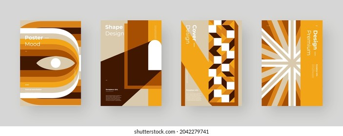 Abstract set Placards, Posters, Flyers, Banner Designs. Colorful illustration on vertical A4 format. Original geometric shapes composition. Decorative minimal backdrop.