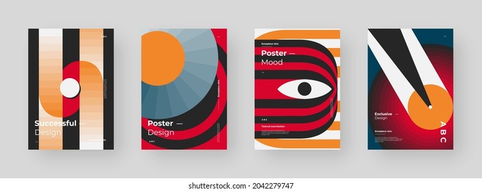 Abstract set Placards, Posters, Flyers, Banner Designs. Colorful illustration on vertical A4 format. Original geometric shapes composition. Decorative minimal backdrop.