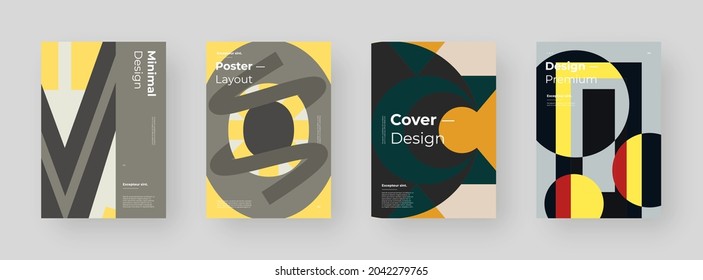 Conjunto abstracto de carteles, afiches, volantes, diseños de pancartas. Ilustración colorida sobre el formato vertical A4. Composición de formas geométricas originales. Marco decorativo mínimo.