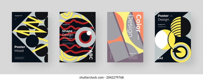 Abstract set Placards, Posters, Flyers, Banner Designs. Colorful illustration on vertical A4 format. Original geometric shapes composition. Decorative minimal backdrop.