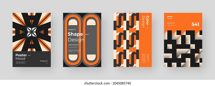 Abstract set Placards, Posters, Flyers, Banner Designs. Colorful illustration on vertical A4 format. Original geometric shapes composition. Decorative minimal backdrop.