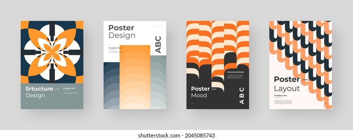 Abstract set Placards, Posters, Flyers, Banner Designs. Colorful illustration on vertical A4 format. Original geometric shapes composition. Decorative minimal backdrop.